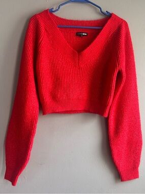 Fashion Nova Bright Red V-Neck Cropped Sweater